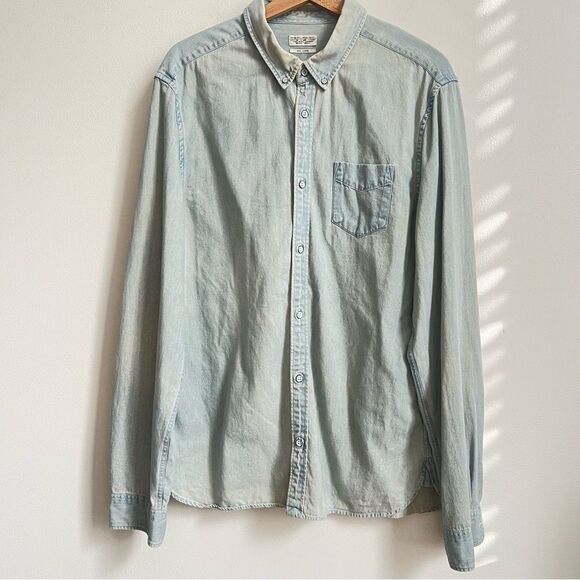 All Saints Mens spitalfields Distressed wash Long Sleeve Denim button down LG - Picture 2 of 8
